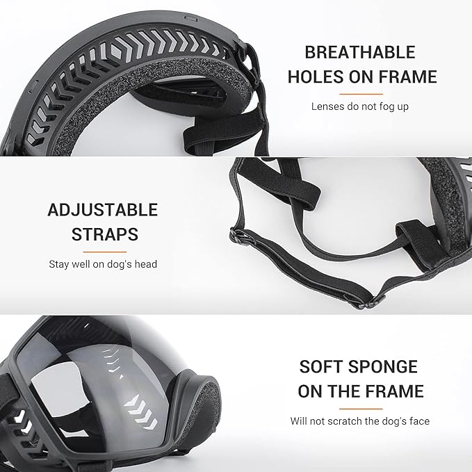 NAMSAN Dog Goggles Large Breed, UV Protection, Driving Doggie Sunglasses for Medium to Large Dogs, Wide Glasses Full Eye Protection, Anti-Fog Windproof, Adjustable, Black