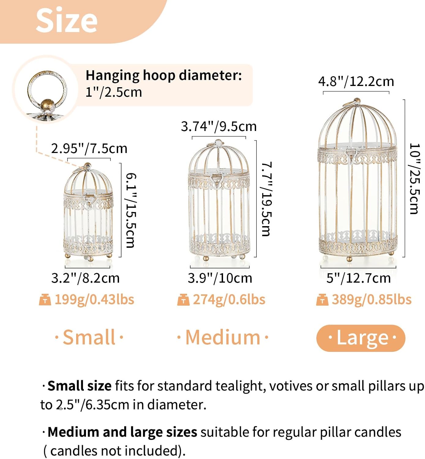 NUPTIO Decorative Bird Cage Lantern: 2 Set of 10 inch Tall Rustic White Birdcage Lanterns Centerpiece Vintage Decorating Metal Pillar Candle Holder for Christmas Bridal Shower Party Decor