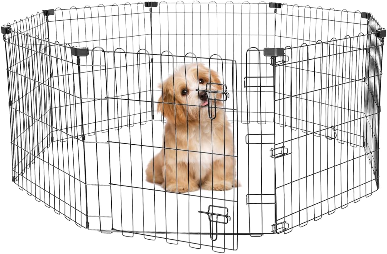 Foldable Dog Playpen 24" Height 8 Panels Metal Exercise Pen with Door - Indoor/Outdoor Puppy Playpen for Small Dogs, Portable Pet Fence for Yard Garden Camping, Black