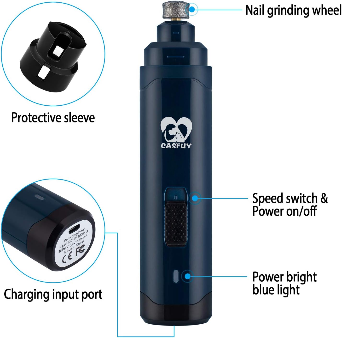 Casfuy Dog Nail Grinder Upgraded - Professional 2-Speed Electric Rechargeable Pet Nail Trimmer Painless Paws Grooming & Smoothing for Small Medium Large Dogs & Cats(Dark Blue)