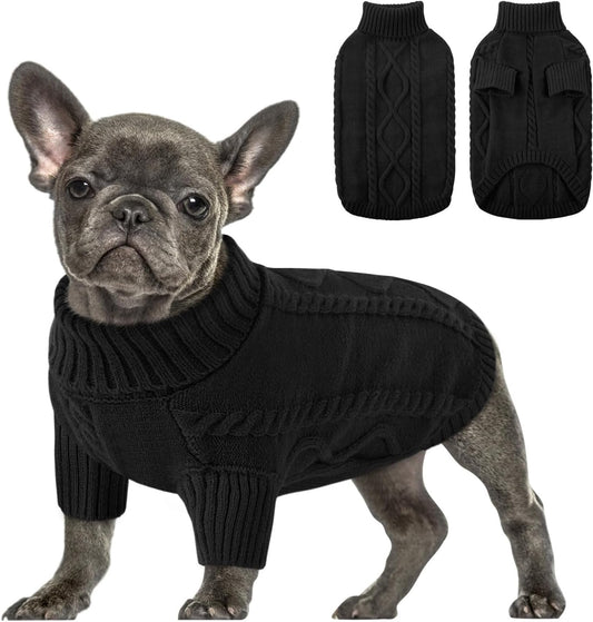Queenmore Small Dog Pullover Sweater, Cold Weather Cable Knitwear, Classic Turtleneck Thick Warm Clothes for Chihuahua, Bulldog, Dachshund, Pug (Black, Large)