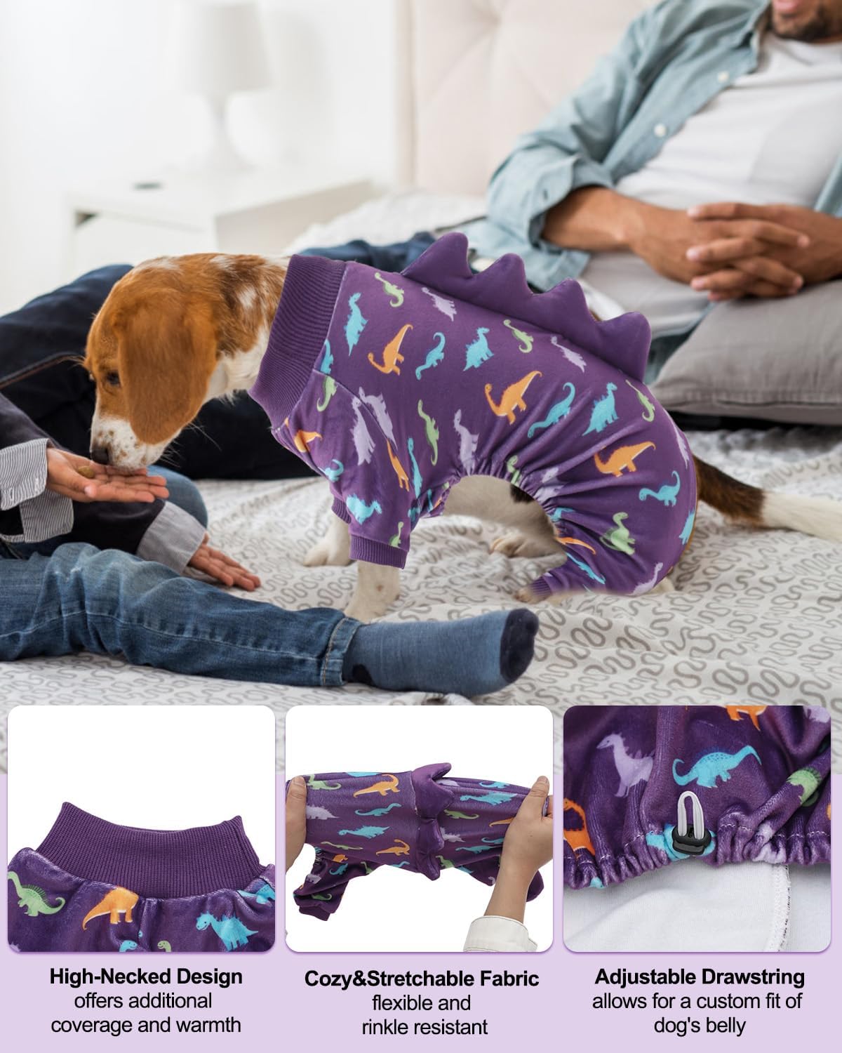 CuteBone Dinosaur Costume Dog Pajamas, Stretchy Spandex Crystal Velvet Sleepwear Coat for Small Dogs, Soft & Warm Pet Outfit Clothes for Cold Weather, Cozy Pullover Design COSP04M