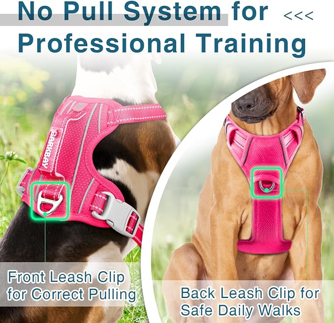 BARKBAY Dog Harness No Pull with ID Tag Pocket - Heavy Duty, Reflective, Easy Control for Large Dogs(Pink,XL)
