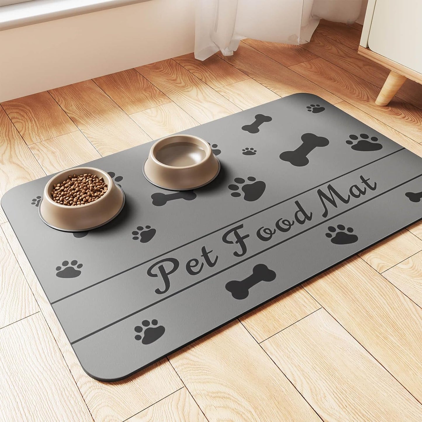 Pet Feeding Mat-Absorbent Pet Placemat for Food and Water Bowl, with Waterproof Rubber Backing, Quick Dry Water Dispenser Mat for Dog and Cat (17"x27", Bones)