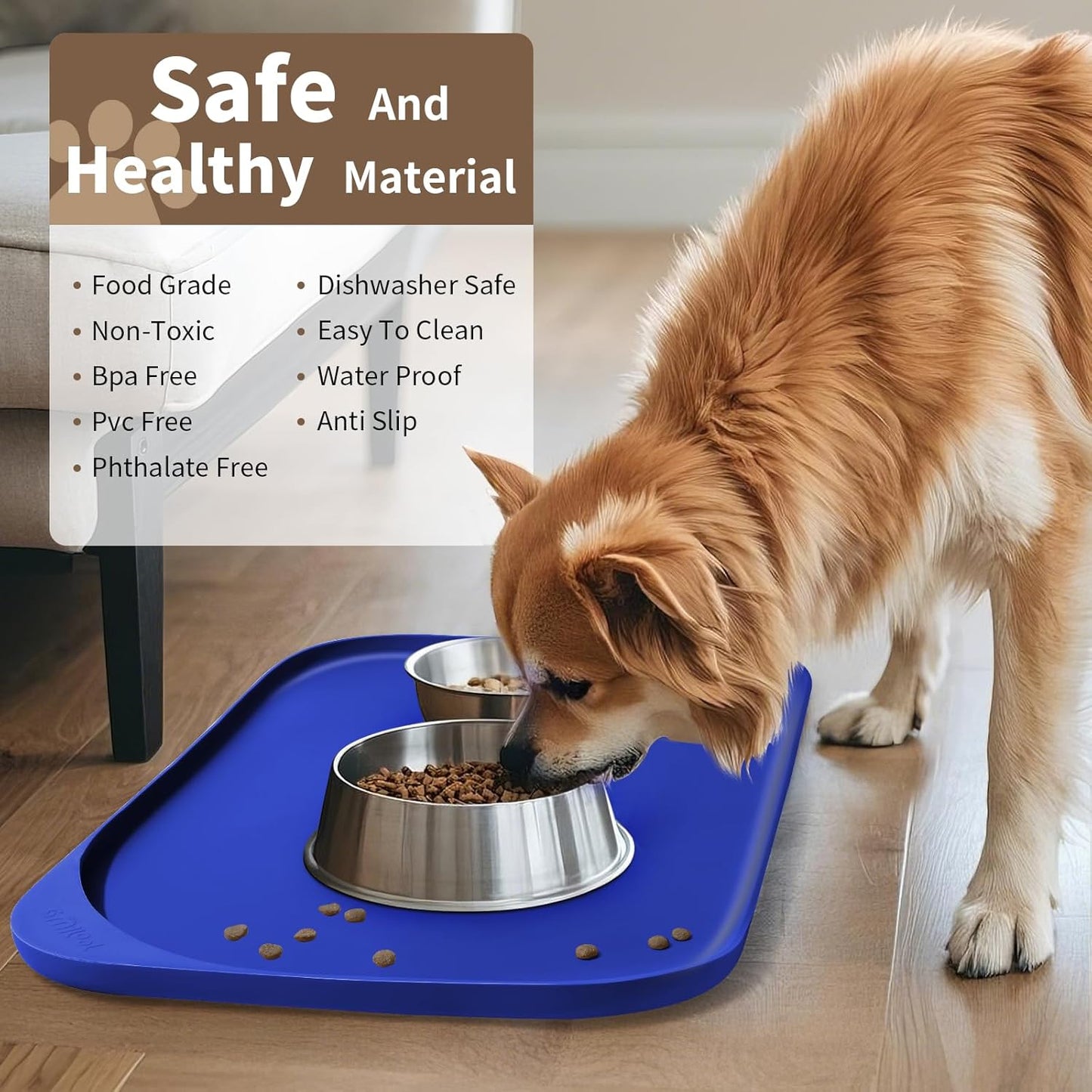 Silicone Pet Feeding Mat with Raised Edge & Residue Collection Pocket for Food and Water, Dog Bowl Mats, Cat Bowls Placemat with High Lip for Floor Waterproof, 19 x 12 x 0.7 Navy Blue