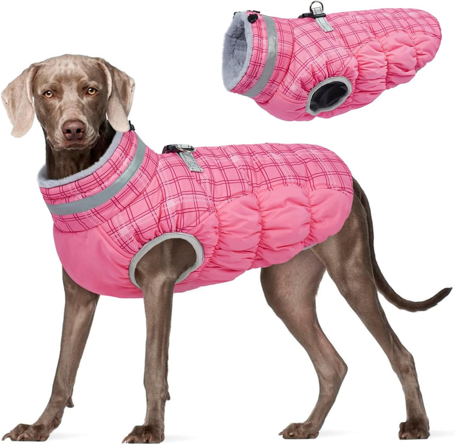 FUAMEY Dog Coat for Large Dogs,Waterproof Dog Winter Jacket with Harness Built in Puppy Cold Weather Coats Reflective Pet Vest with Zipper Warm Fleece Dogs Snowsuit Windproof Rose Plaid 3XL