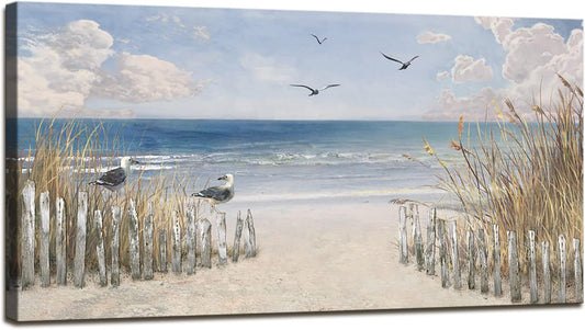 XXMWallArt FC3762 Sandy Beach Wall Art Canvas Print Wall Art Seascape Blue Print Home Decor Abstract Coastal Picture Modern Ocean Artwork for Living Room Bedroom Bathroom Office Decor