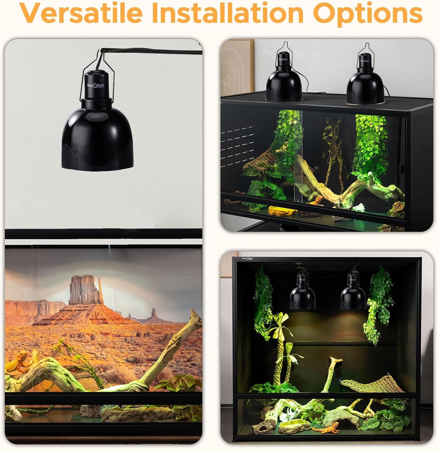 Reptile Light Fixture, 2-Pack 5.5-Inch Deep Dome Lamp Caps with Optical Reflection Cover, Heat-Resistant Design for Reptile Enclosures, Terrariums, and Amphibian Habitats