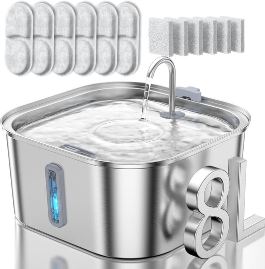 Dog Water Fountain for Large Dogs, 8L/2.1Gal Stainless Steel Pet Water Fountain with Water Level Window, Automatic Dog Water Bowl Dispenser for S-L Dogs and Multi-Pets (with 6pcs Filters)