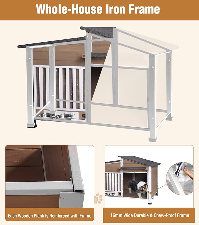 GUTINNEEN Dog House Outdoor with Anti-Chewing Metal Frame, Wooden Dog Kennel with 360° Rotating Feeding Bowl, Weatherproof Roof, for Indoor & Outdoor Use - Brown