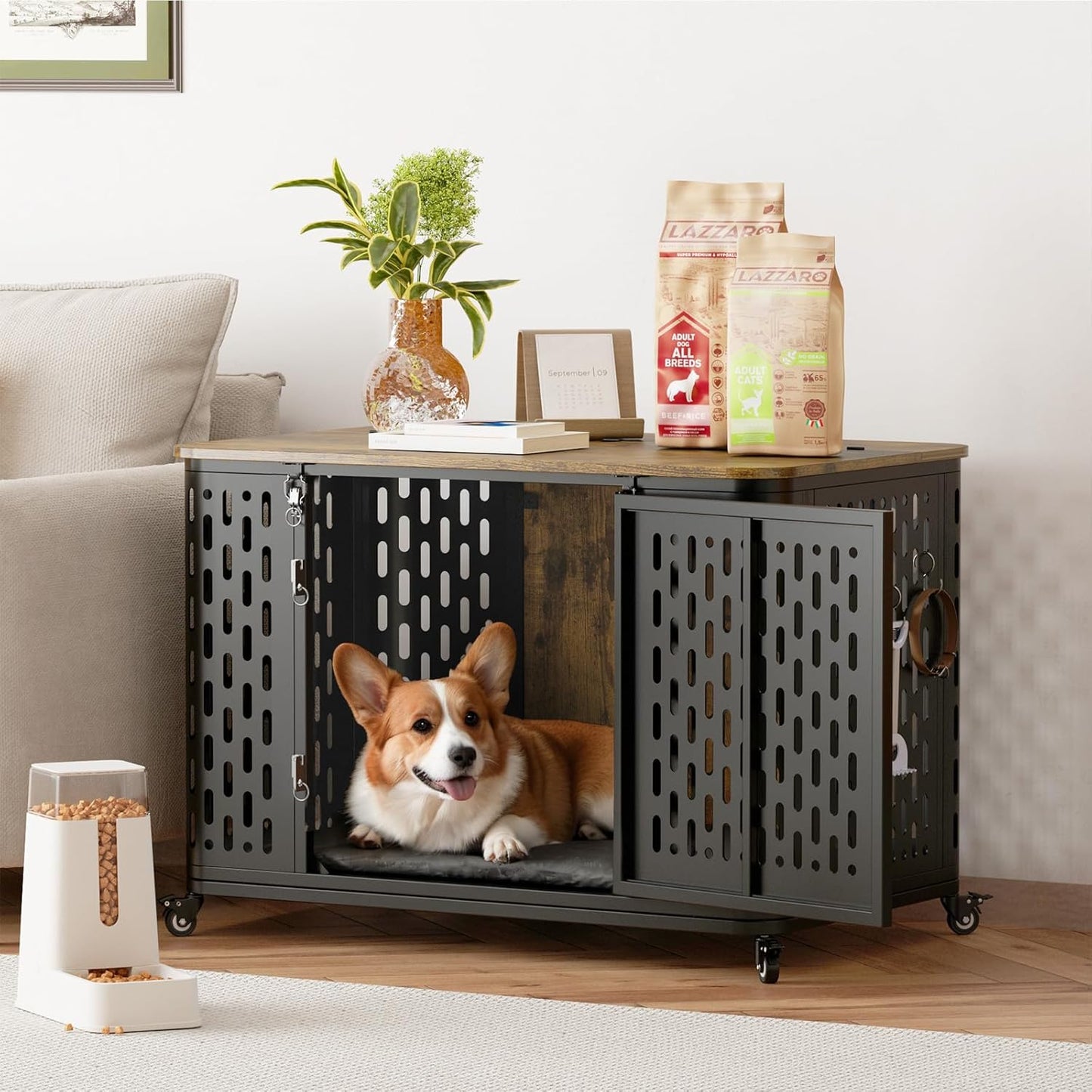 Dog Crate with Cushion, 38" Wood Heavy Duty Dog Crate Furniture with Flip Top & Wheels for High Anxiety Dogs, Escape Proof Pet Cage for Small/Medium Dogs