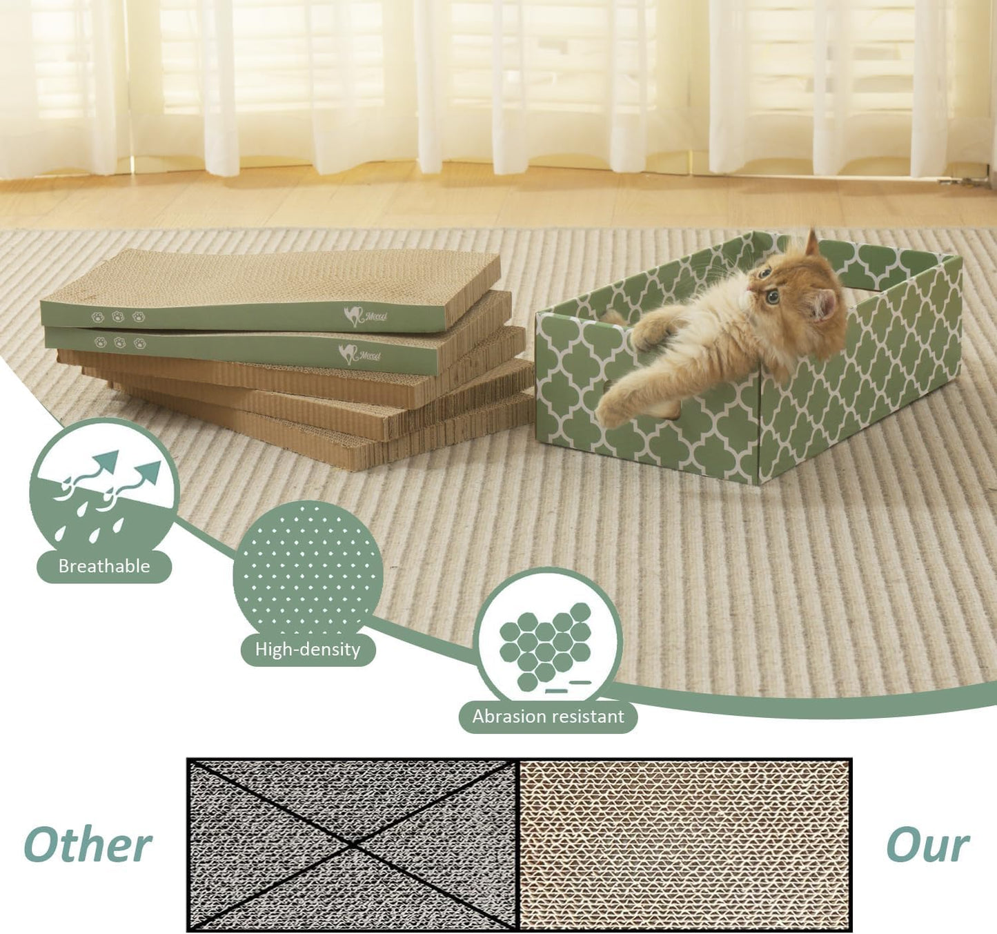 MECOOL Cat Scratching Board，5PC Cat Scratch Pad with Box，Reversible Corrugated Cat Scratcher Cardboard and Lounge Bed for Indoor Cats, Catnip