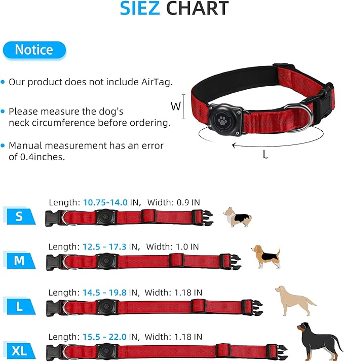 Reflective Air Tag Dog Collar - 100% Waterproof Dog Collar AirTag Holder | Extra-Durable, Soft Padded AirTag Dog Collars for Small Medium Large Dogs