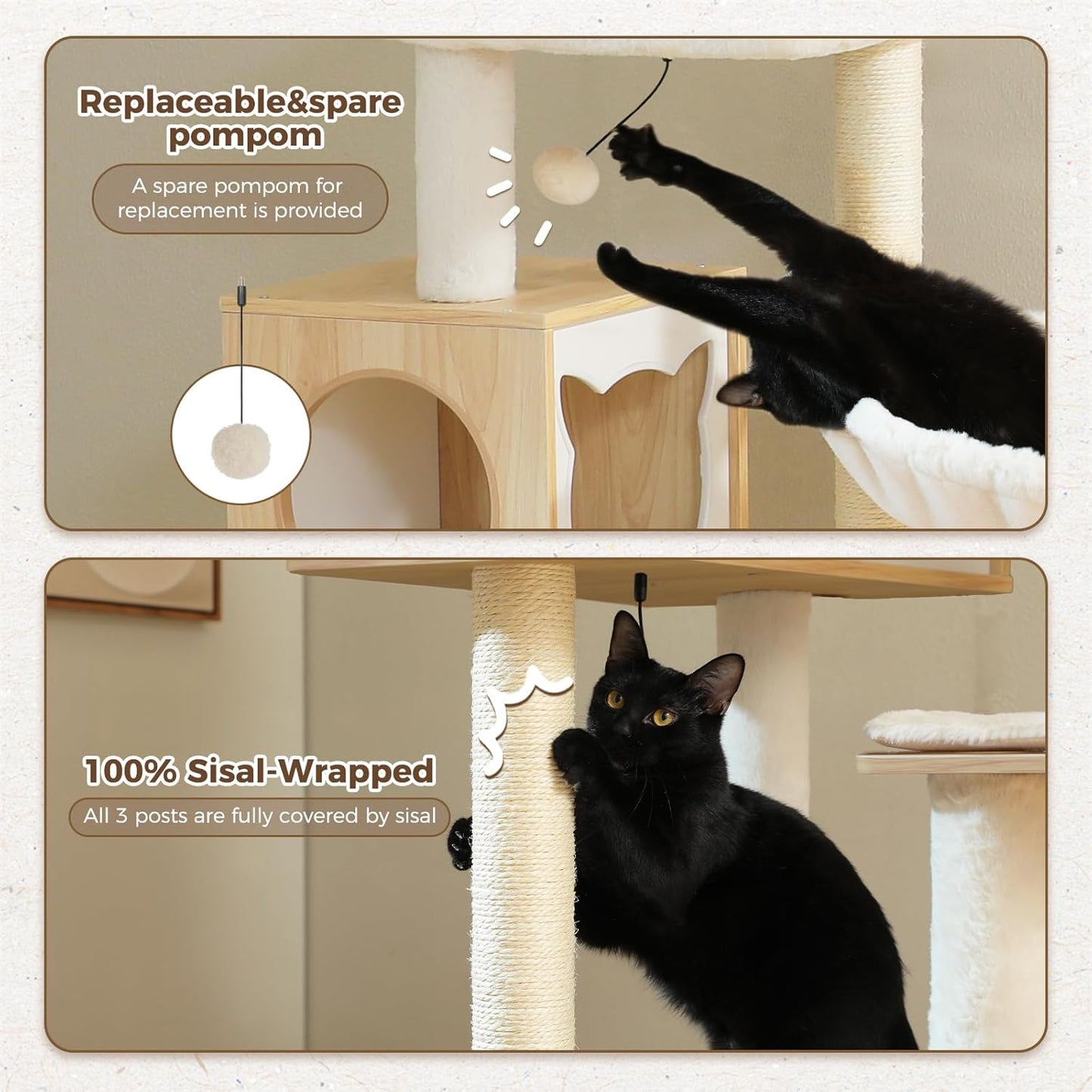 PEQULTI 57.5" Cat Tree with Litter Box Enclosure Large, Wood Cat Tower for Indoor Cats with Storage Cabinet and Cozy Cat Condo, Sisal Covered Scratching Post and Repalcable Dangling Balls, Beige