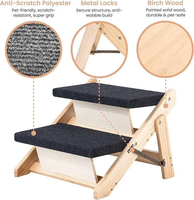 MEWANG Wood Pet Stairs & Ramp for Small/Medium Dogs and Cats, Aging Pets – 3-in-1 Foldable, Portable, Non-Slip Pet Ladder for Tall Beds, Couches,Cars–Holds Up to 220 lbs (17.3" L x 17.2" W x 13.0" H)