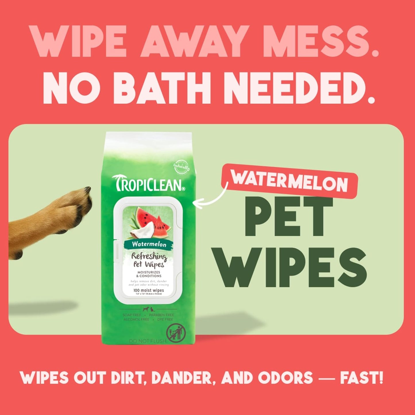 TropiClean Watermelon Dog Wipes for Paws and Bottom | Deep Cleaning Dog Grooming Wipes | Safe for The Face | Cat Friendly | 100 Count