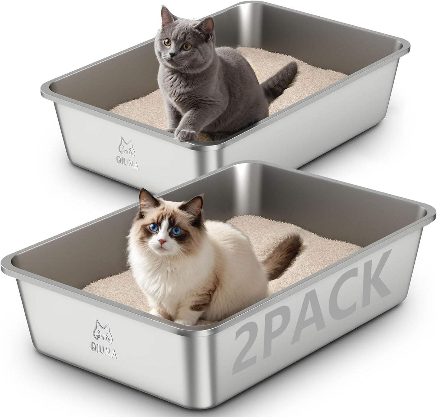 2 Pack Stainless Steel Cat Litter Box, 23.4" L×15.6" W×5.9" H, Metal Kitty Litter Box with High Sided for Big Cats, Non-Stick, Easy to Clean, Odor-Free