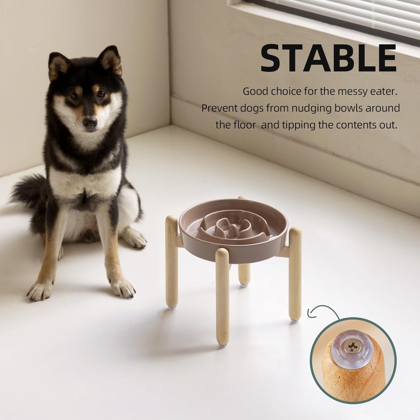 8.2inch Ceramic Raised Slow Feeder Dog Bowl Set, Elevated Wooden Stand for Large and Medium Dog, Puzzle Slow Dish, Preventing Choking(Brown Coffee, Single Bowl+ Stand)