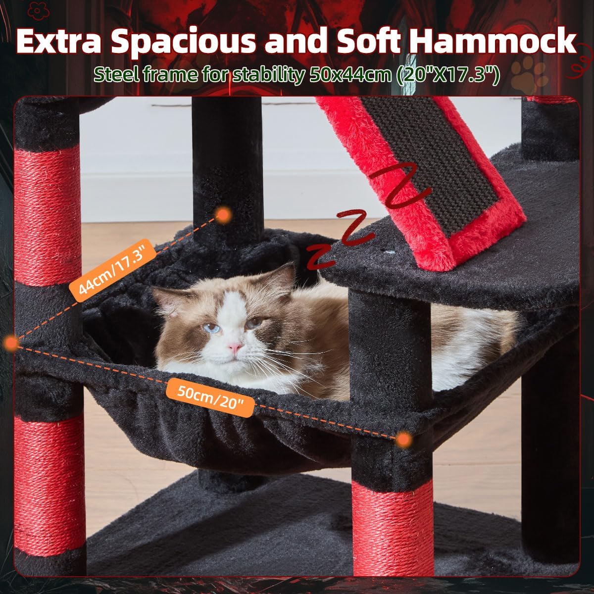Taoqimiao Gothic Cat Tree 57.5-Inch, Cat Tower for Indoor Cats Large Adult, Large Cat Condo, 8 Sisal Scratching Posts, Metal Frame Cozy Hammock, Durable Scratch Board, 2 Perches, Black and Red MS026BR