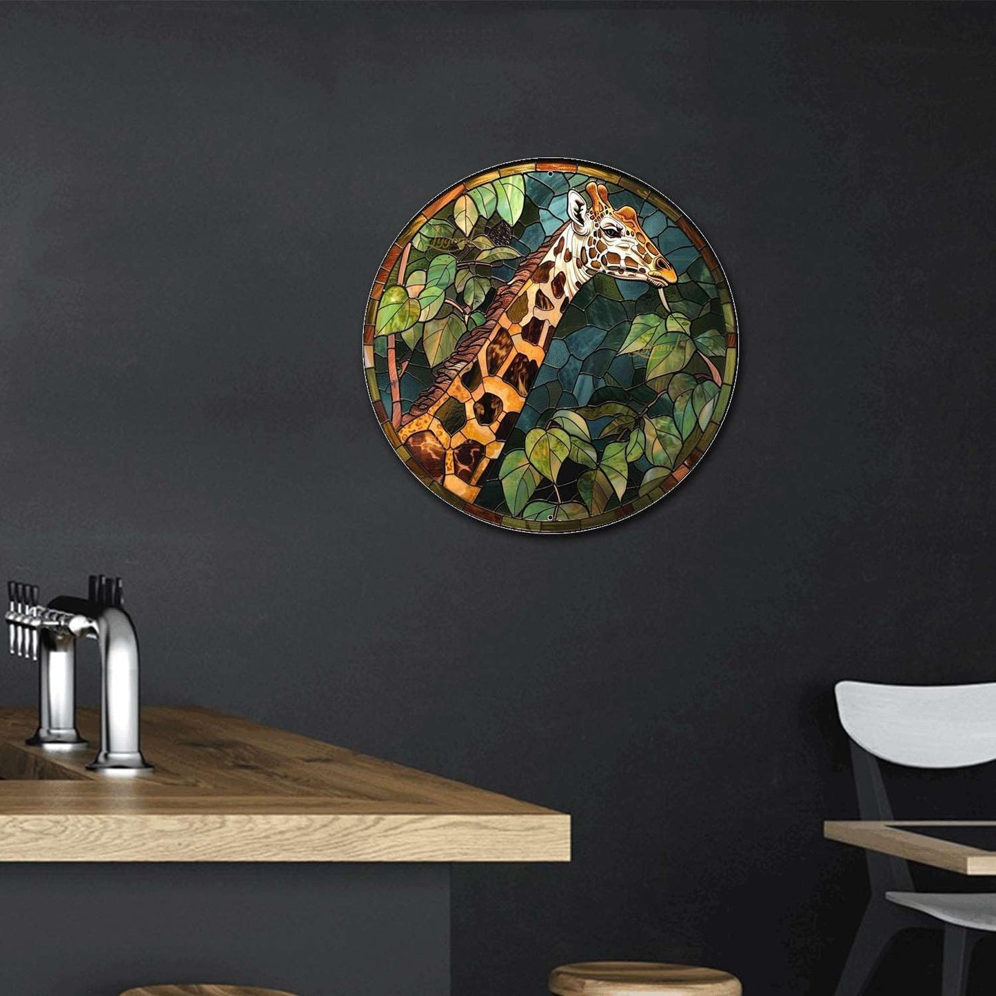 Lygond Metal Sign Tin Sign Circular Stained Glass Giraffe Funny Sign for Patio 12×12 Inches