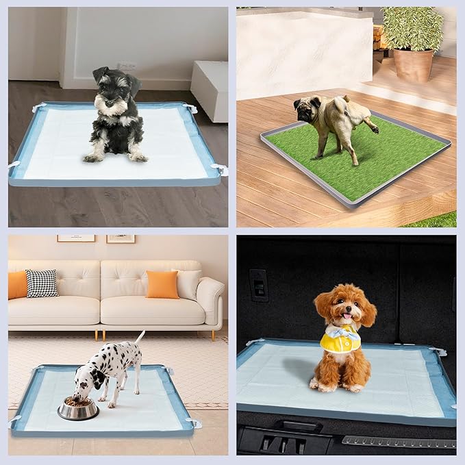 Pee Pad Holder for Dogs, Puppy Pad Tray for 24" x 24" Dog Training Pads, No Spill Silicone Mat with 4 Holder Clamps, Non-Slip Square Puppy Potty Training Tray for Indoor Floor Protection