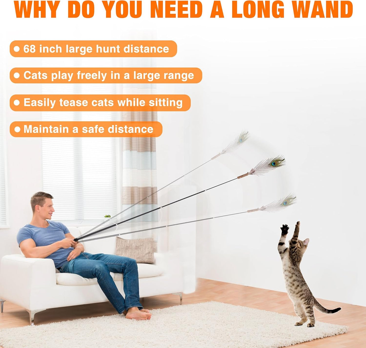 JXFUKAL 2025 Latest Cat Wand Toy, 68”Extra Long Cat Fishing Pole Toy, 4PCS Natural Huge Feather Refills with Silvervine Sticks for Indoor Cats Kitten Kitty Teeth Cleaning Exercise Accessories