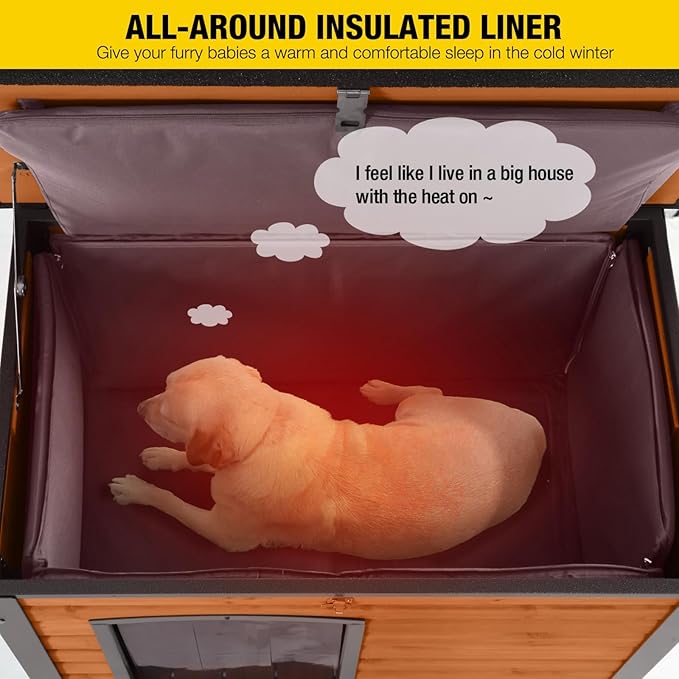 Insulated Outdoor Dog House with Liner for Winter Wooden Dog Kennel with All-Around Iron Frame,Waterproof