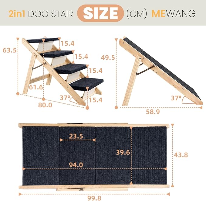 MEWANG Wood Pet Stairs & Ramp for Small/Medium Dogs and Cats, Aging Pets – 3-in-1 Foldable, Portable, Non-Slip Pet Ladder for Tall Beds, Couches,Cars–Holds Up to 220 lbs (31.5" L x 17.2" W x 25.0" H)