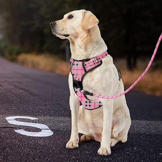 IVY&LANE No Pull Dog Harness with Leash Set, Reflective No Choke Pet Vest,Adjustable Oxford Dog Vest Harness with Easy Control Handle for Large Dogs (Checkered Pink,XL)