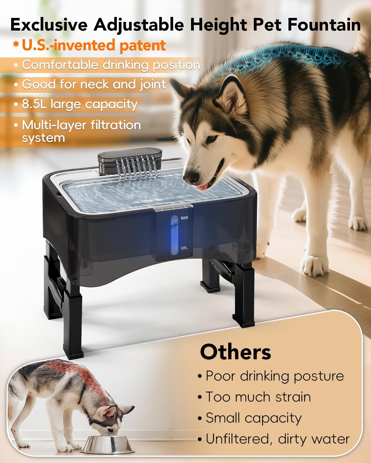 UPSKY 2.25Gal Elevated Dog Water Fountain, 4 Heights Adjustable Pet Fountain for All Dog Sizes, 304 Stainless Steel Tray Indoor Cat Drinking Dispenser with Ultra-Quiet Pump & 2 Replacement Filters