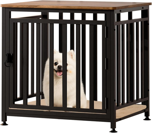 Dog Crate Furniture for Small Dogs, Dog Kennel Indoor, Anti-Chew Anti-Escape with Bed Crate Pad End Side Table Wooden Dog Crate,Steel-Tube Dog Cage, Rustic Brown