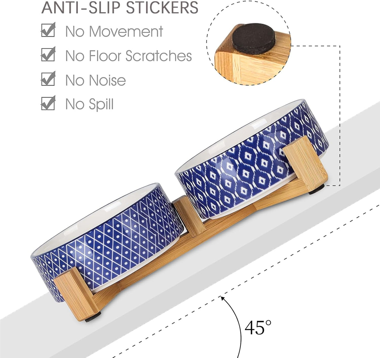 Selamica Ceramic 14 OZ Dog Bowls with Wooden Stand, Anti-Slip Dog Dishes Set for Cats & Small Dogs, Weighted Pet Bowls Set of 2, Vintage Blue