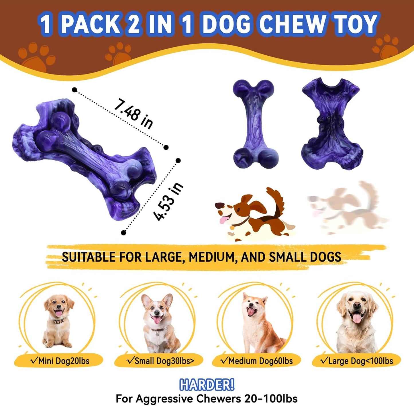 Magicorange Tough Dog Toys, Chew Toys for Aggressive Chewers, Dog Bone Toy Nylon Almost Indestructible Dogs Toy for Teeth Cleaning and Training (Purple)