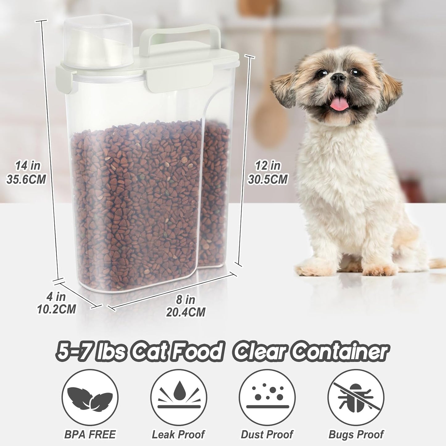 5Lbs Dog Cat Storage Container Portable with Upgraded Large Spout and Cup, Plastic Pet Food Dispenser for Small Animal Kibble, Bird Seed, Oatmeal, Rice, Flour, Brown Sugart -Elegant White