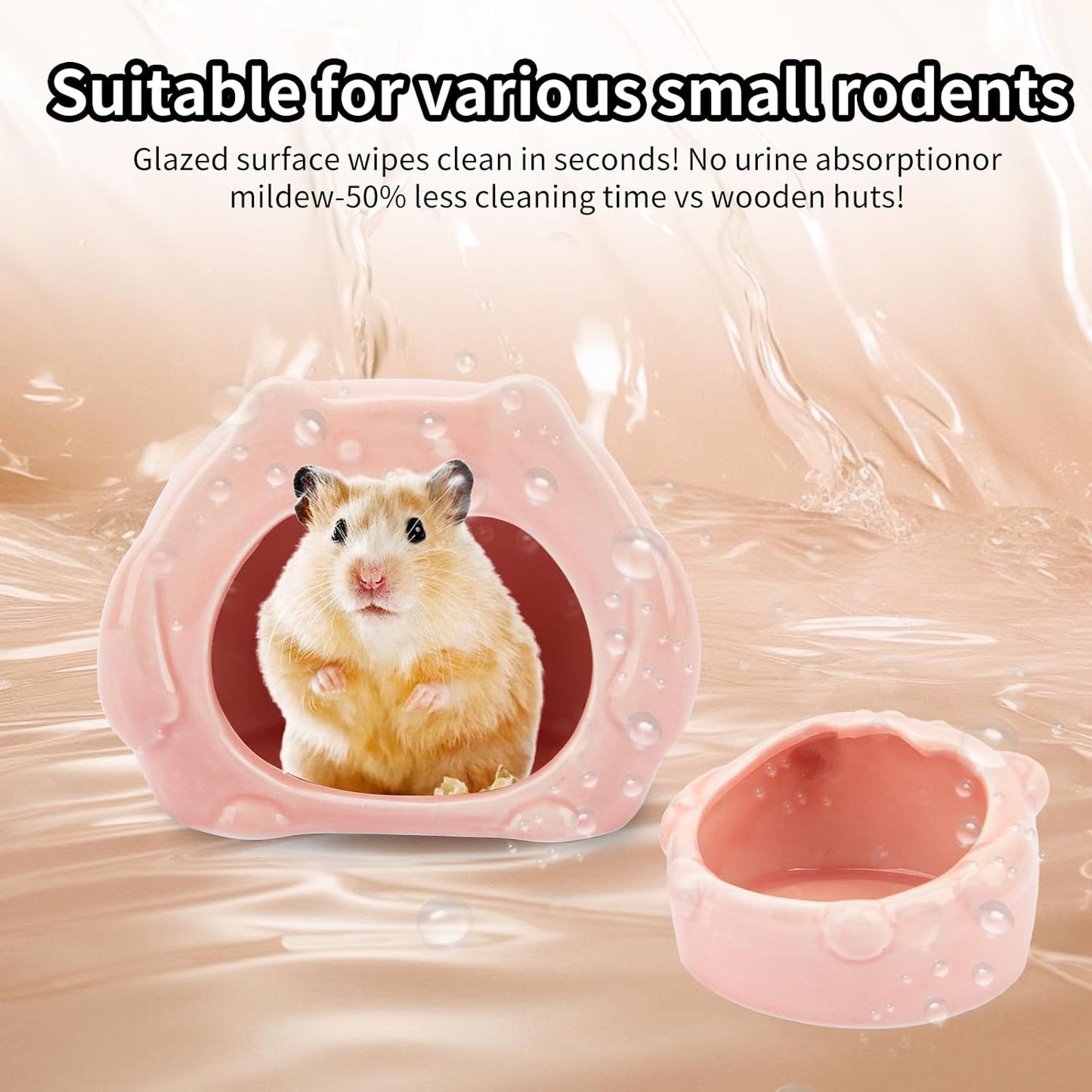 Bear-Shaped Hamster Hideout & Food Bowl Set - Ceramic Habitat for Syrian Dwarf Hamsters, Mice, Gerbils - All-Season Use, Chew-Proof Ceramic House and Feeding Dish for Small Pets(Pink)