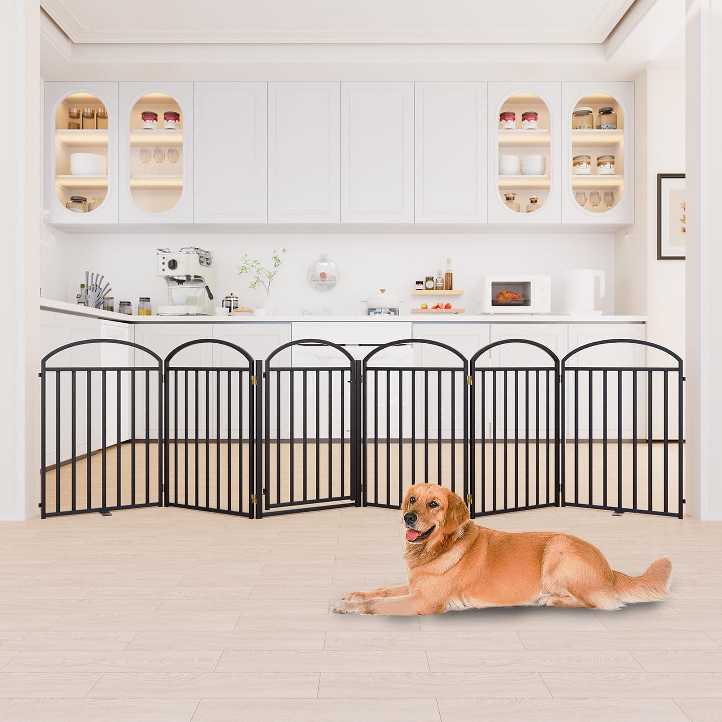 6 Panles Full Matel Freestanding Dog Gates with Door, 144"Extra Wide 32"Tall Free Standing Dog Pet Gate for Indoor & Outdoor. Foldable Pet Fences for Doorways, House, Stairs, Porch, Deck, Yard