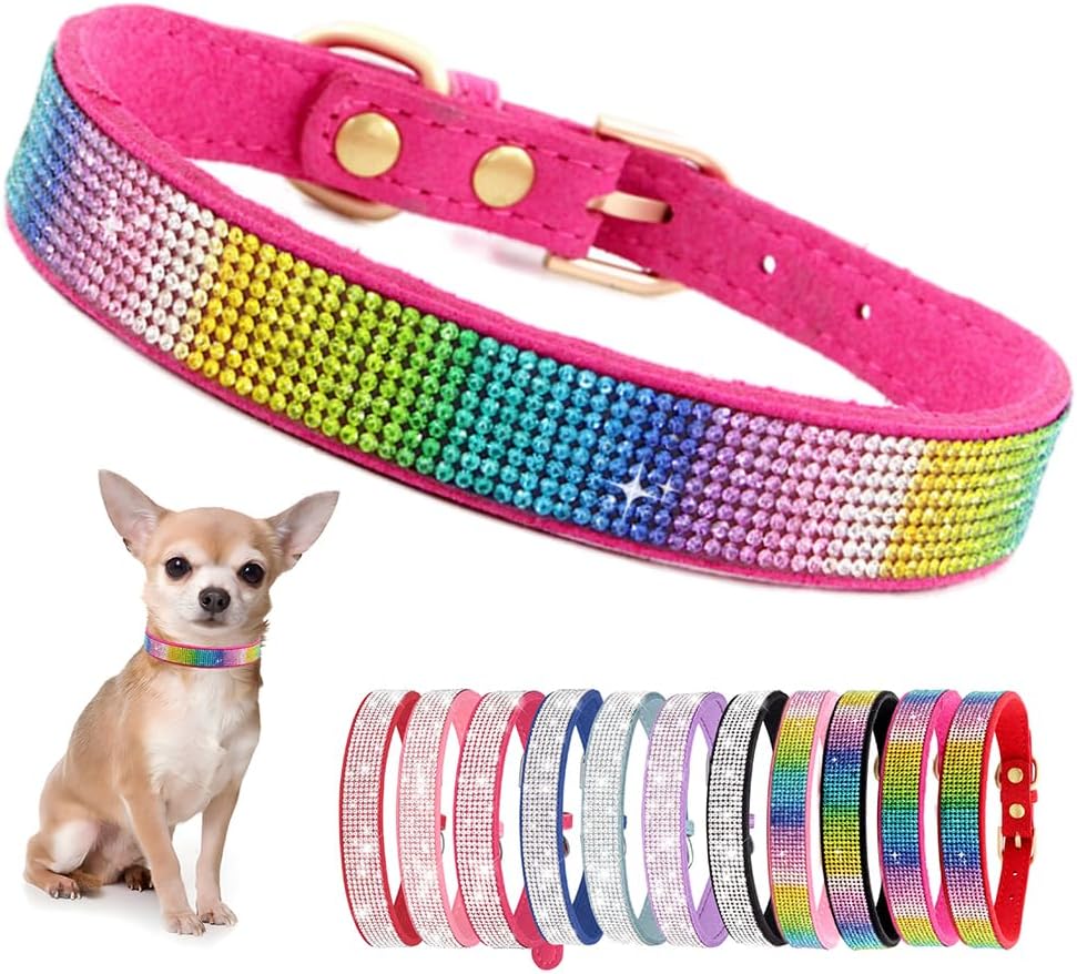 Rhinestone Dog Collar for Small Dogs, Bling Diamond Fancy Crystal Glitter Pretty Jewel Pet Puppy Collars for XXS XS Small Medium Large Breed Girl Dogs Female Cats Kitten, Colorful Hot Pink XSmall