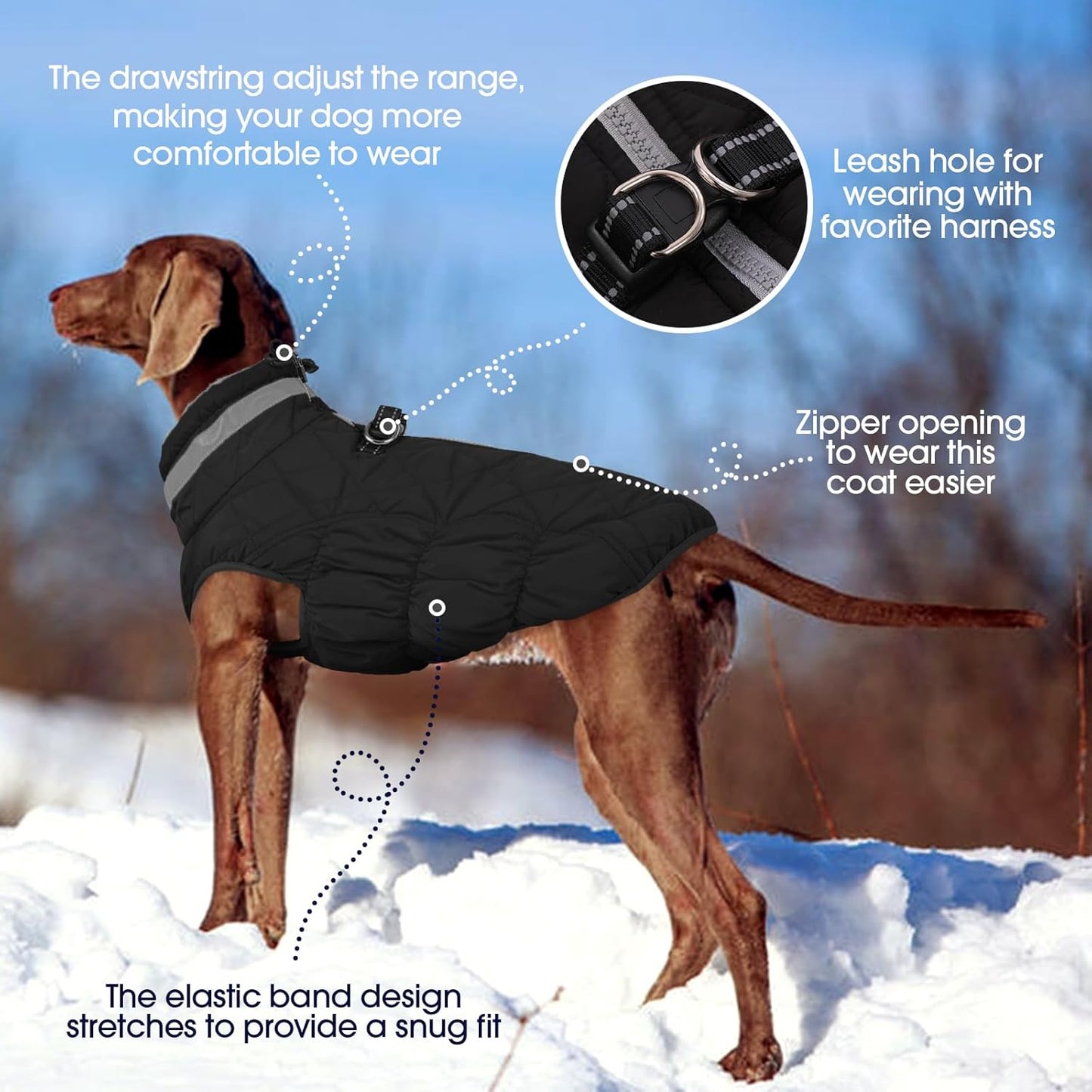 FUAMEY Dog Coat for Large Dogs,Waterproof Dog Winter Jacket with Harness Built in Puppy Cold Weather Coats Reflective Pet Vest with Zipper Warm Fleece Dogs Snowsuit Windproof Solid Black 3XL