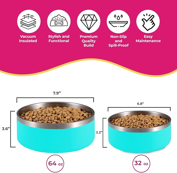 Dog Bowl, Dog Water Bowl Vacuum Insulated Stainless Steel, Non-Slip, Spill-Proof, Easy Clean, Keeps Water Cool, Cute, Stylish Pet Bowl, 64 oz, Light Blue, Modern