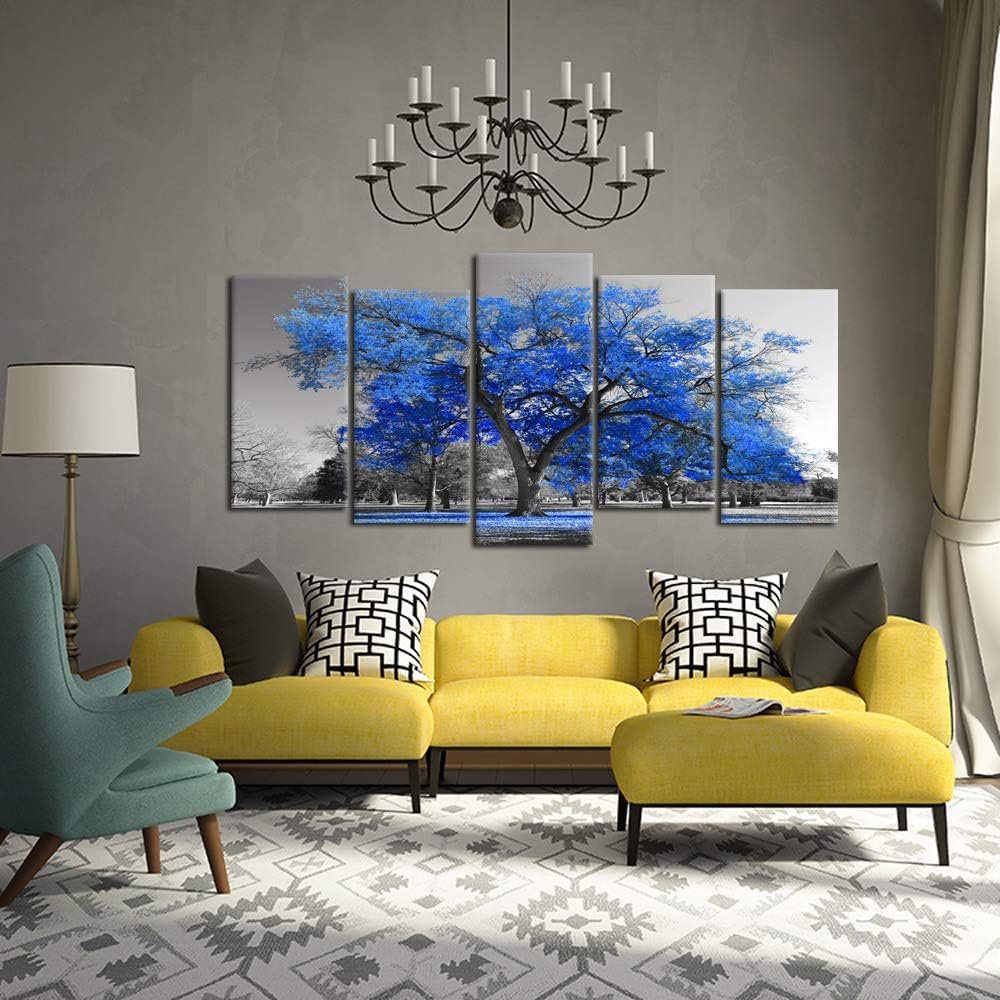 KREATIVE ARTS Canvas Print Wall Art Painting Contemporary Blue Tree In Black And White Style Fall Landscape Picture Modern Giclee Stretched And Framed Artwork (XLarge Size 80x40inch)