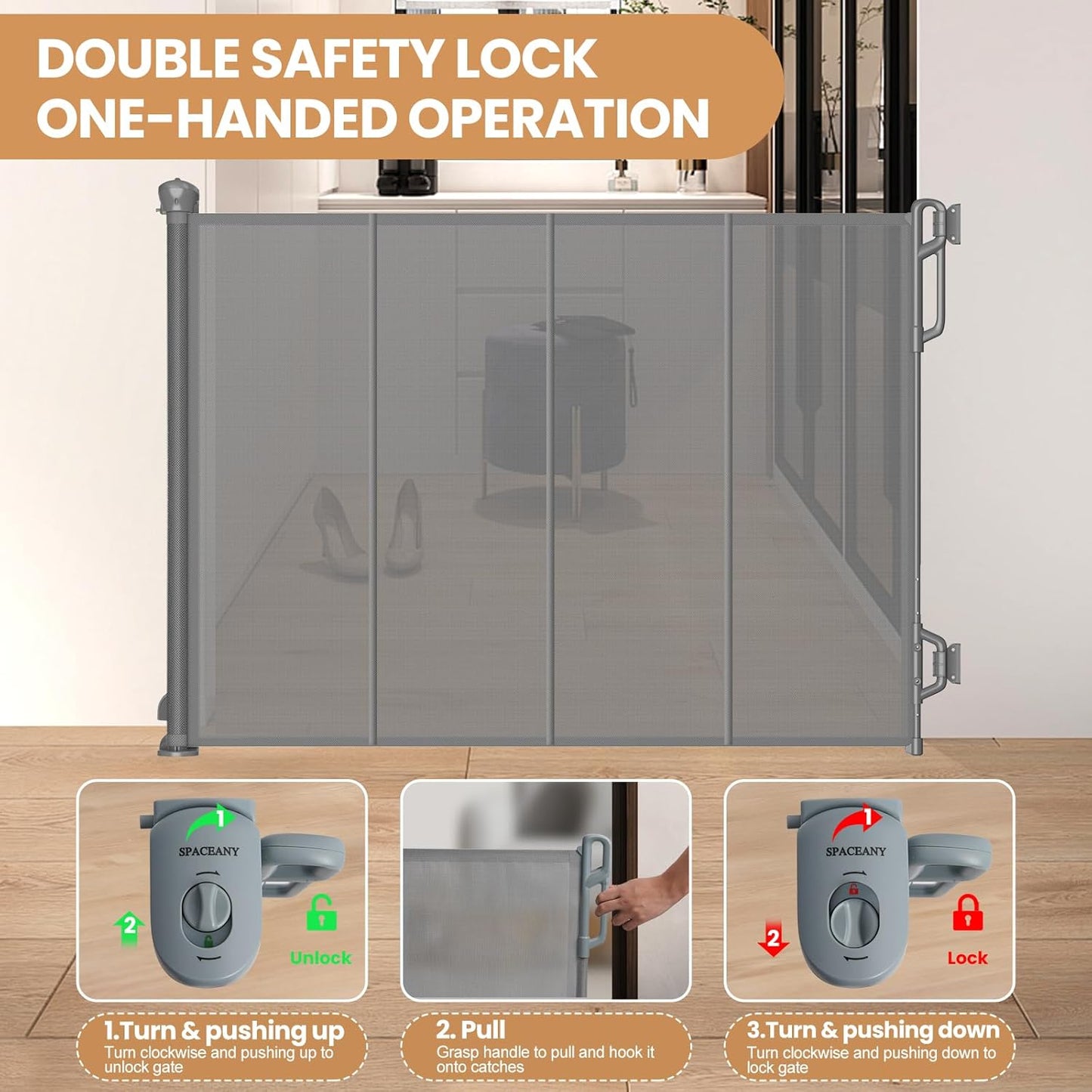 Reinforced Retractable Baby Gate or Mesh Dog Gate,Easy to Use for Stairs, Doorways, Hallways, Indoor, Outdoor, Wide Pet Gate 33.5" Tall, Extends to 45" Wide, Gray