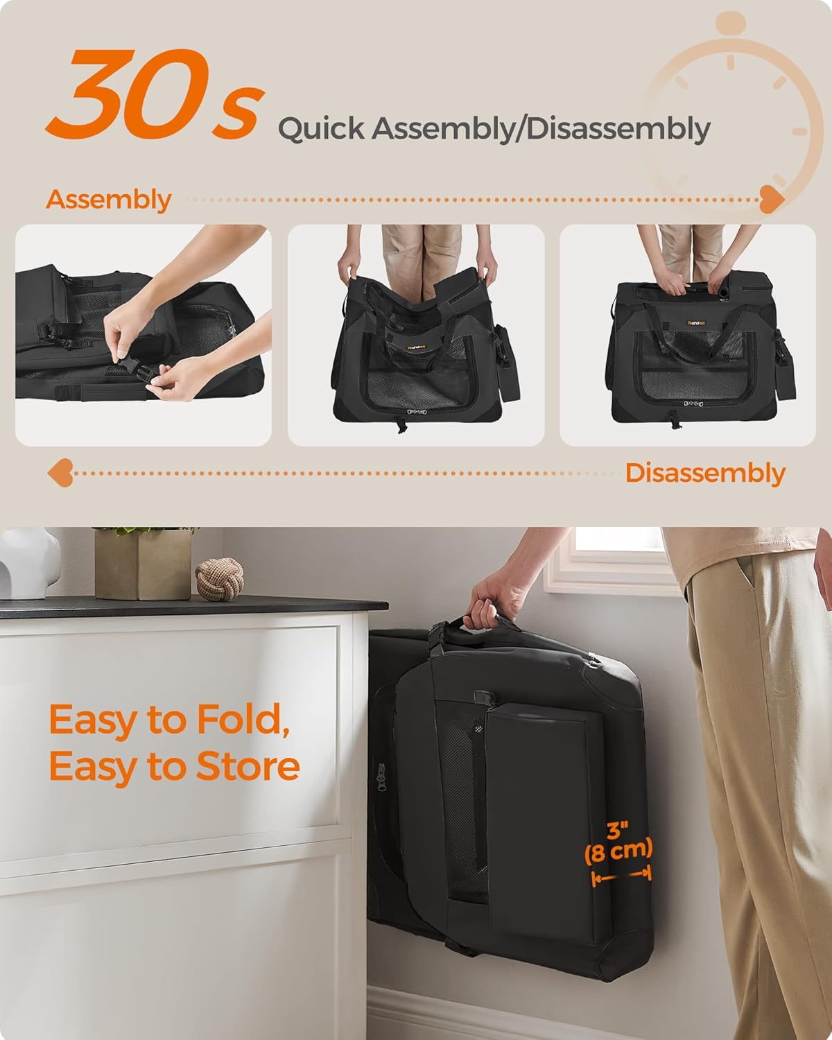 Feandrea 28 Inches Collapsible Soft Dog Crate, Portable Travel Dog Crate for Indoor and Outdoor Use, Dog Carrier Kennel with Safety Zippers, for Living Room, Car, Travelling, Black UPDC70H