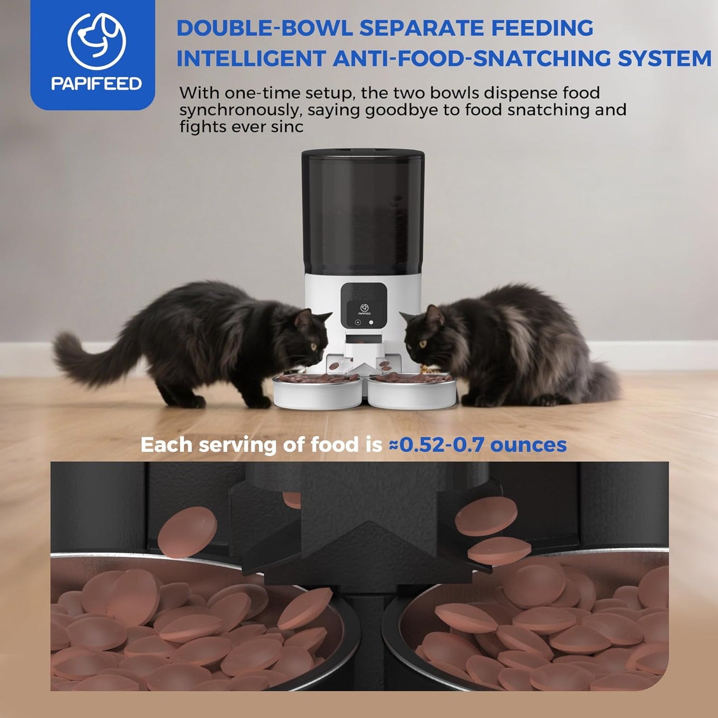 PAPIFEED 7L Automatic Cat Feeders for 2 Cats - 2.4G WiFi Timed Auto Feeder with APP Control, Cat Food Dispenser with Alexa for Multiple Cats, Detachable for Easy Clean, 1-10 Meals Per Day - White