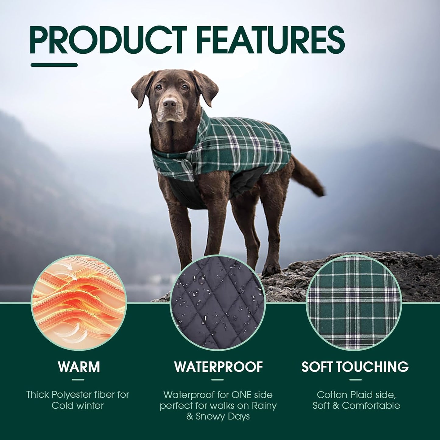 Kuoser Waterproof Dog Coat, Reversible Dog Jacket for Medium Dogs, Adjustable Durable Doggie Winter Coat Warm Puppy Cold Weather Apparel from Small to Large Breed, Green M