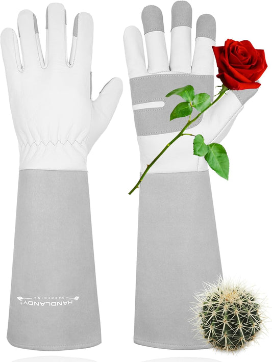 HANDLANDY Long Gardening Gloves for Men & Women, Thorn Proof Rose Pruning Gloves Leather Gauntlets Garden Glove Yard Work Glove (Small, Grey)
