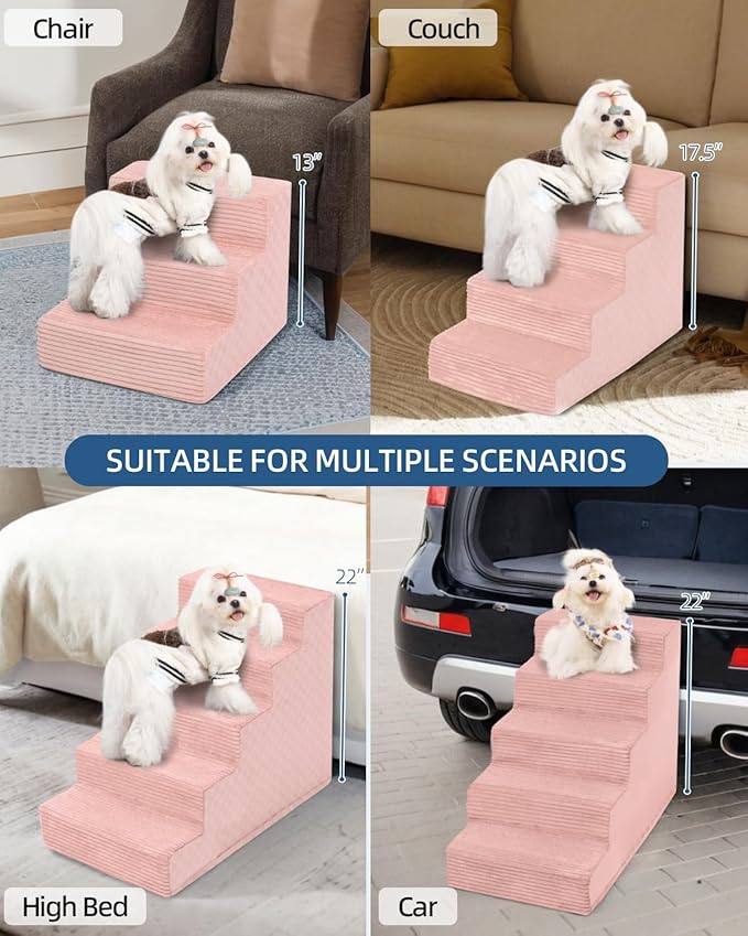 Dog Stairs for Small Dogs,22" H,5-Step Dog Steps for Bed and Couch with High Density Foam,Non-Slip Pet Steps for Doggy and Cat,Pet Stairs with a Washable Cover,Pink