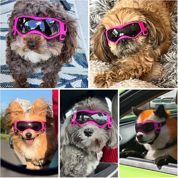 Dog Goggles Dog Sunglasses for Small Breed UV Protection Windproof with Adjustable Head Straps Chin Straps for Ride Car/Hiking Travel/On Beach-Pink