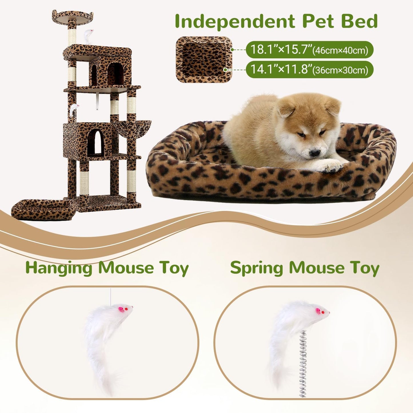 Globlazer Heavy Duty Cat Trees for Large Cats, Sturdy 72in Maine Coon Cat Tree for Large Cat 20 lbs+ Heavy Duty Cat Tower for Adult Biggest Cats with 6 Scratching Posts, Hammock, S72, Leopard Print