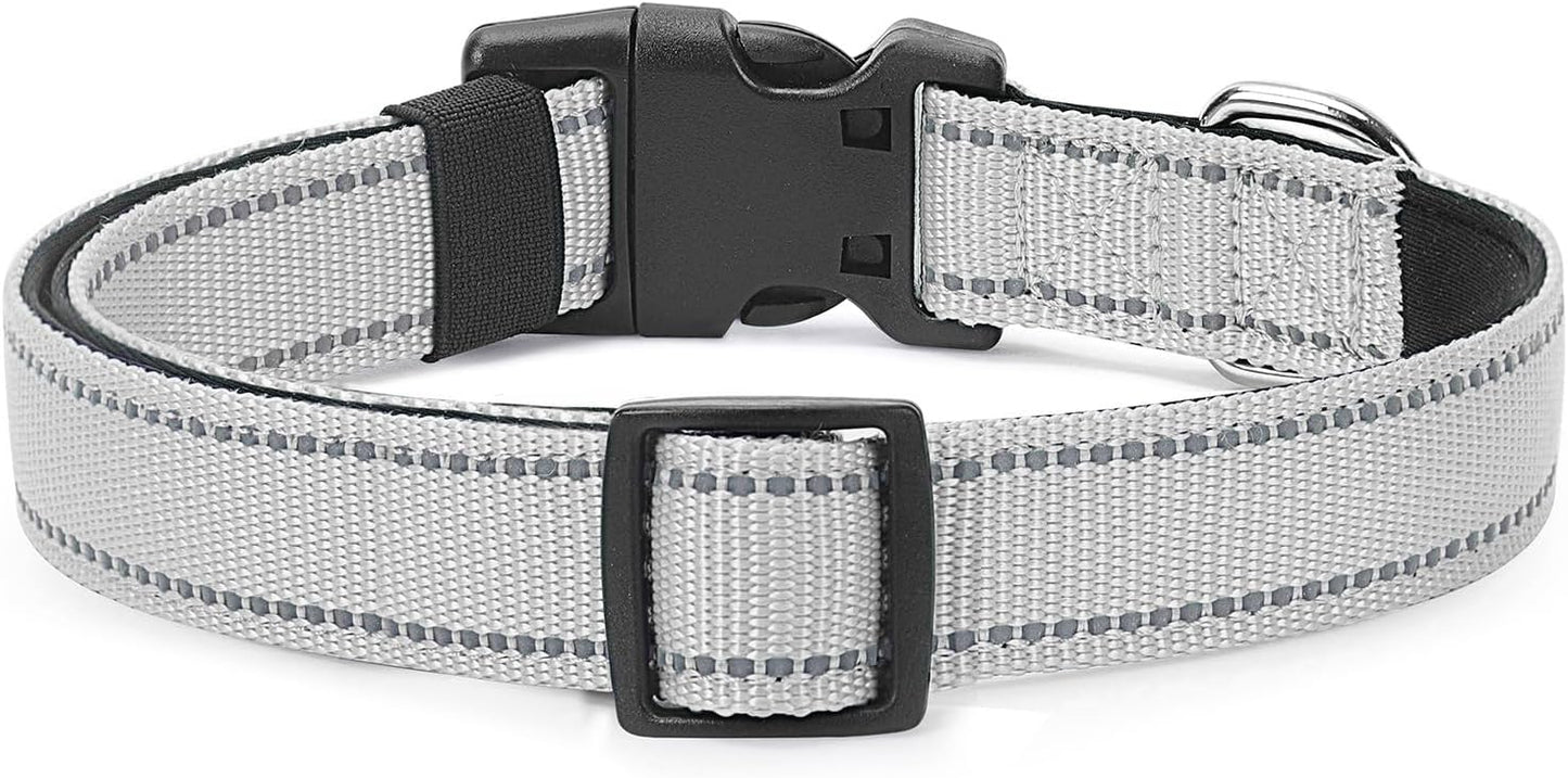 Reflective Dog Collar Padded with Soft Neoprene Breathable Quick Release Basic Dog Collars for Small Dogs Girl Boy Silver