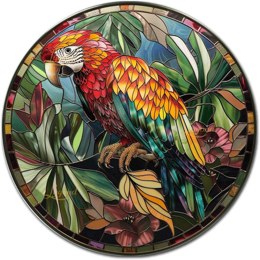 Lygond Metal Sign Tin Sign Circular Stained Glass Parrot Funny Outdoor Decor for Restaurant 12×12 Inches